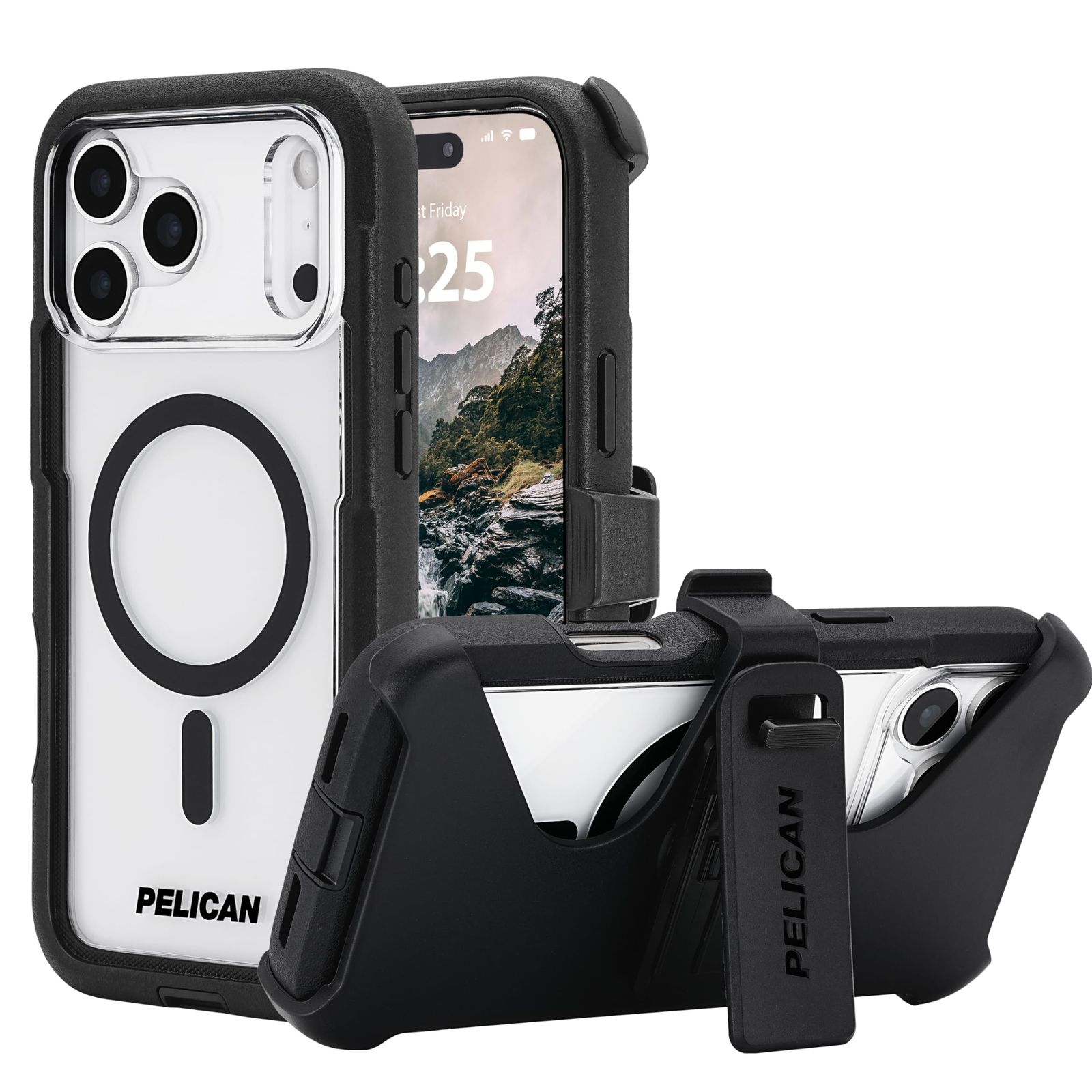 Pelican Voyager iPhone 17 Pro ケース [MagSafe対応] 頑丈なスマホケース 24フィートの軍用グレードの落下保護 - iPhone 17 Pro用ベルトクリップホルスター付き高耐久電 [Voyager - クリア - プロ]