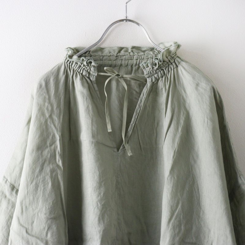 美品♡ネストローブ リネンフリルネックチュニック ブラウス リボン グリーン ネストローブ nest Robe リネンフリルネックチュニック F｜グリーン系