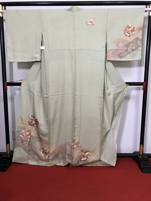 【中古】Sサイズ 付け下げ 正絹 グリーン地に草花模様
