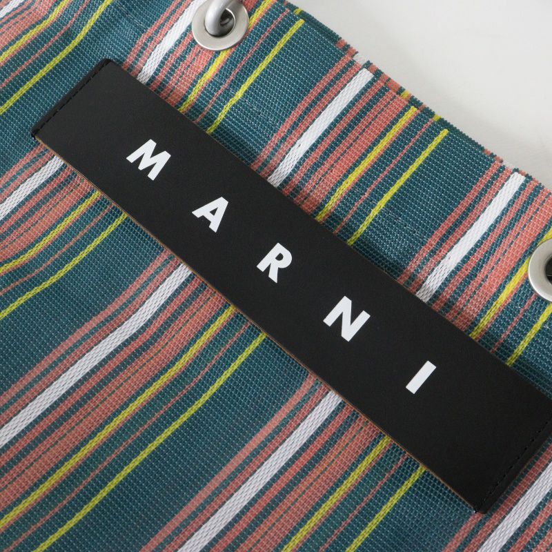 美品 マルニ MARNI フラワーカフェ ストライプバッグ ｜グリーン