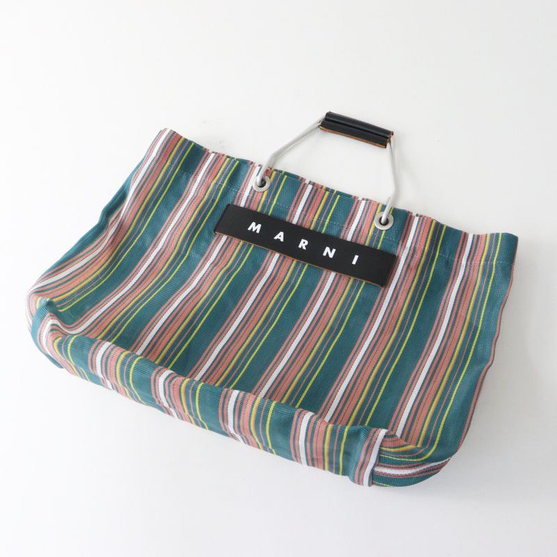 美品 マルニ MARNI フラワーカフェ ストライプバッグ ｜グリーン