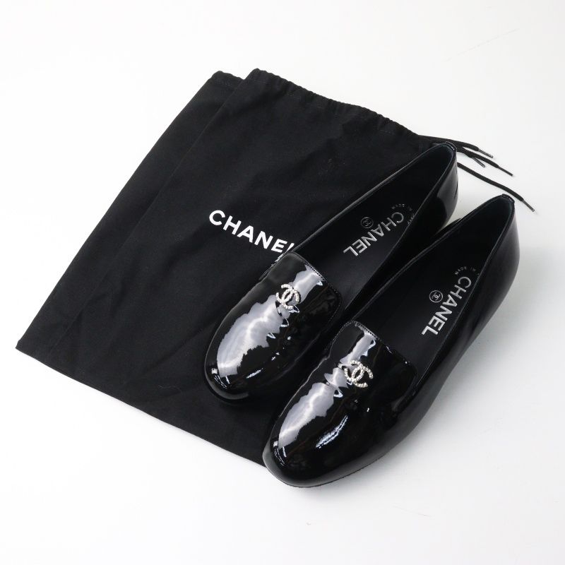 良品 シャネル CHANNEL ココマーク パテントレザー パールラインパンプス 37C｜ブラック シューズ オペラシューズ【2400014897777】