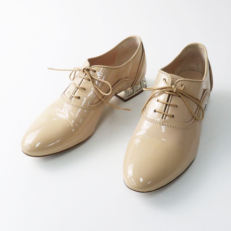 ミュウミュウ miumiu パテントレザー クリスタルヒール シューズ 37/24cm ヌードベージュ┃エナメル ドレスシューズ【2400014841725】