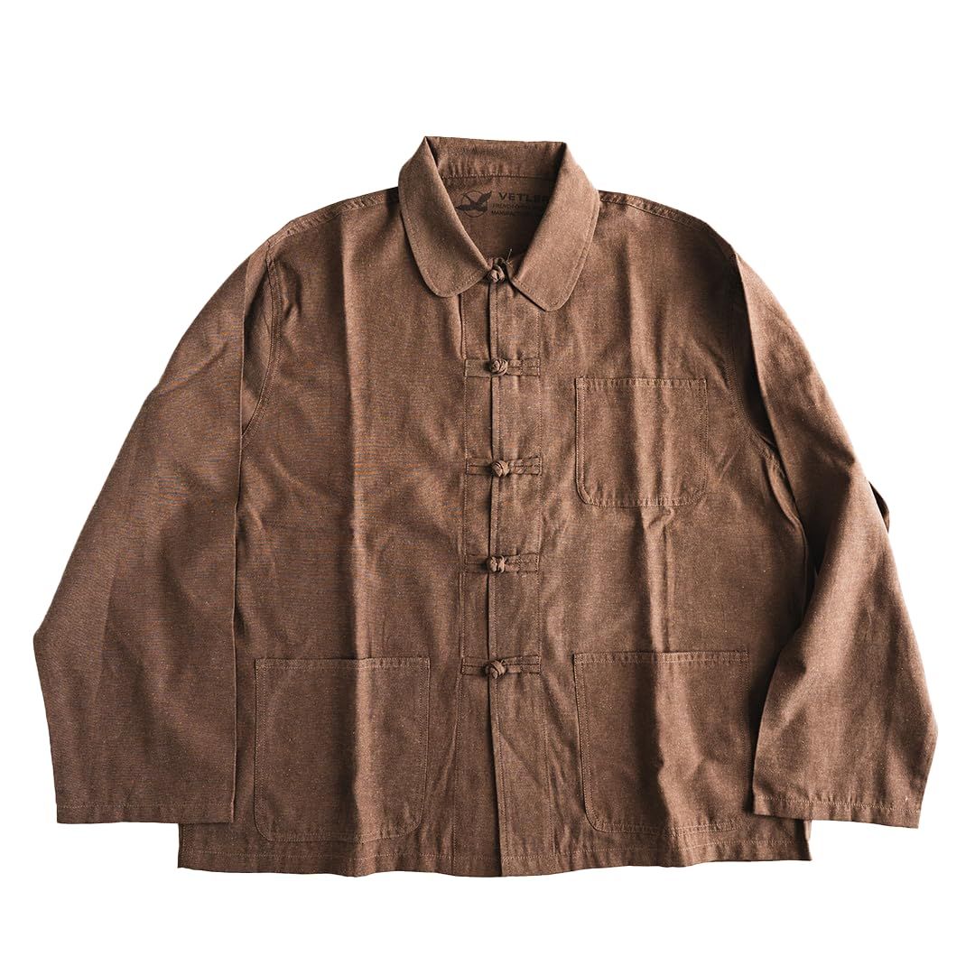 新品 [VETLER] ベトラー チャイナシャツ 無地 ゆったり 男女兼用 ユニセックス シャツ シャツアウター オーバーサイズ 春 夏 秋 通年 シャンブレー 通気性 大きいサイズ フレンチチャイナ ポケット ワーク ミリタリー 服 (ブラウン)