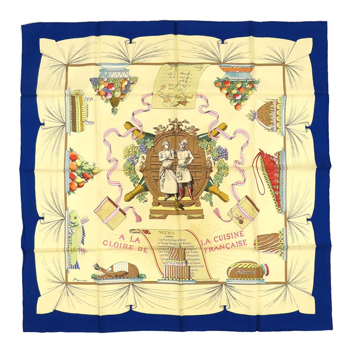 エルメス カレ 90 フランス料理を讃えて スカーフ A LA GLOIRE DE LA CUISINE FRANCAISE ユニセックス ブルー オフホワイト HERMES【中古】 【アパレル・小物】