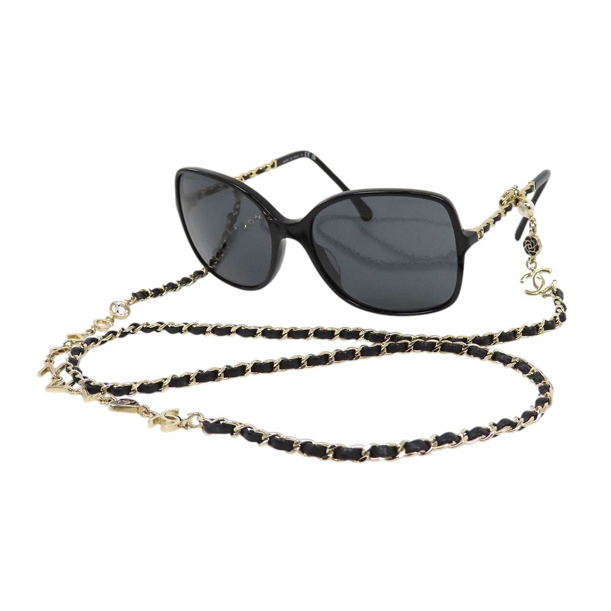 シャネル ココマーク チェーン付き サングラス カメリア 5210-Q-A ユニセックス ブラック CHANEL【中古】 【アパレル・小物】