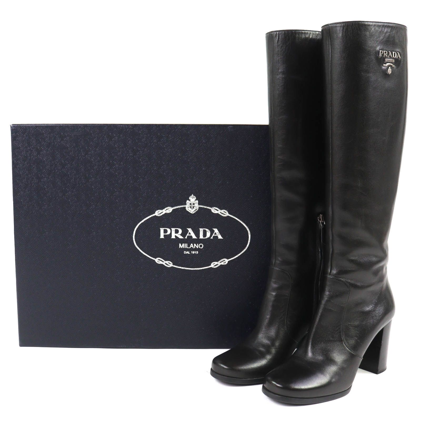美品△PRADA プラダ ロゴ金具 サイドジップ レザー ロングブーツ 