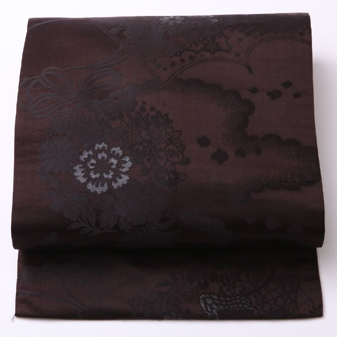 特価！アンティーク 九寸名古屋帯 Aランク 帯丈319cm 正絹 六通 名古屋仕立て 織り 御所車 花柄 茶系・黒系 RP 1245-02612