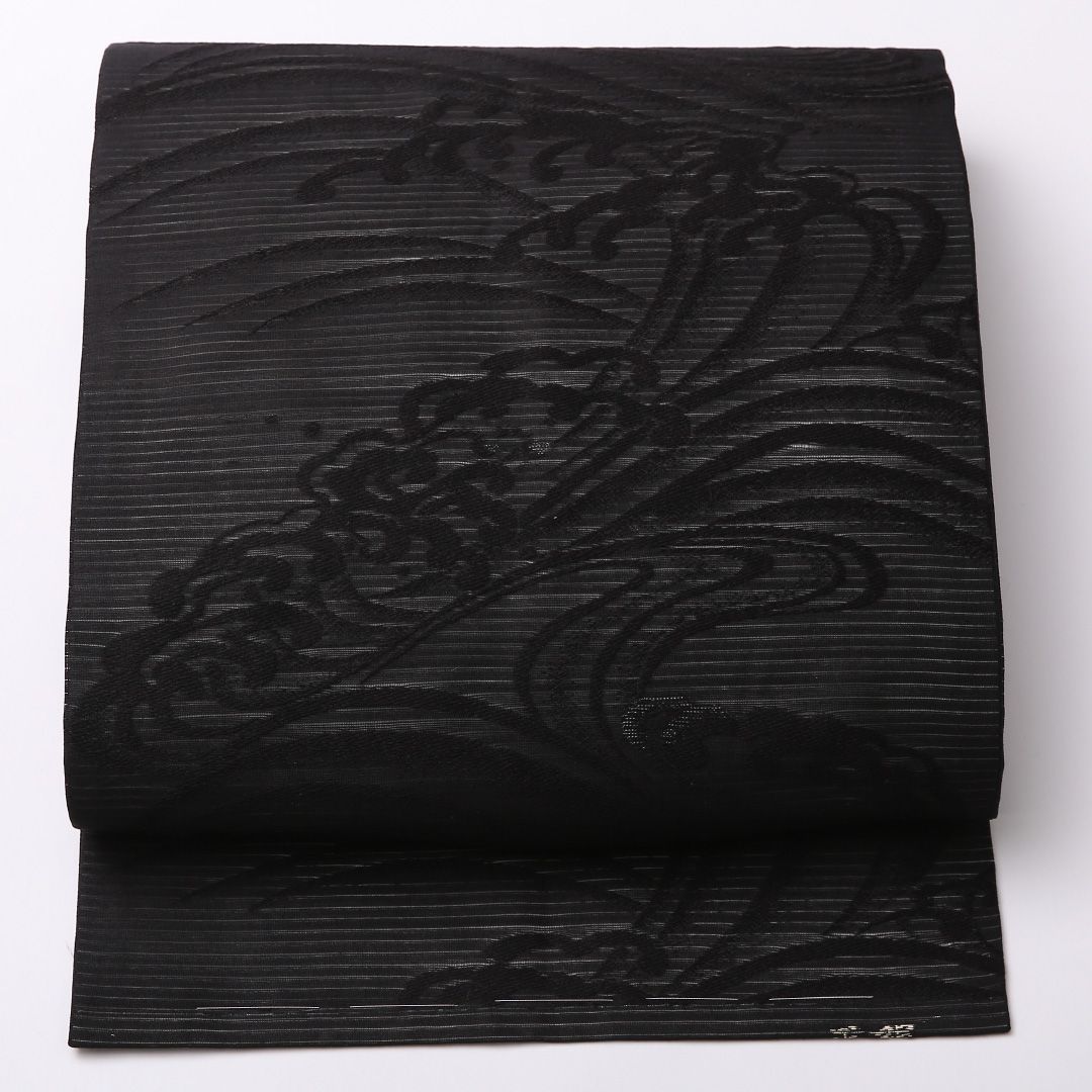 お買い得品!未使用品 九寸名古屋帯 (夏帯) Nランク 帯丈340cm 正絹 六通 名古屋仕立て 織り 弔事用 荒磯 黒系 RP 1245-02670