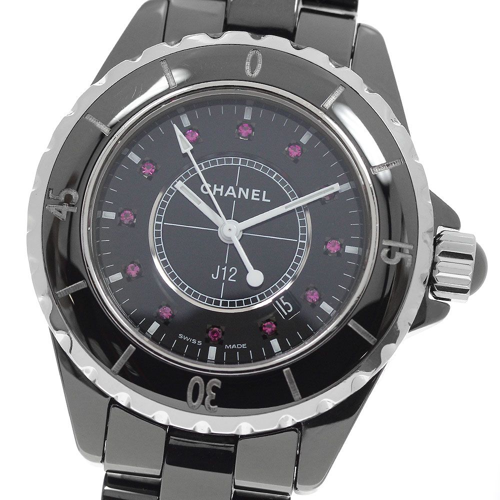 シャネル CHANEL H1634 J12 ブラックセラミック 12Pルビー クォーツ レディース _959378