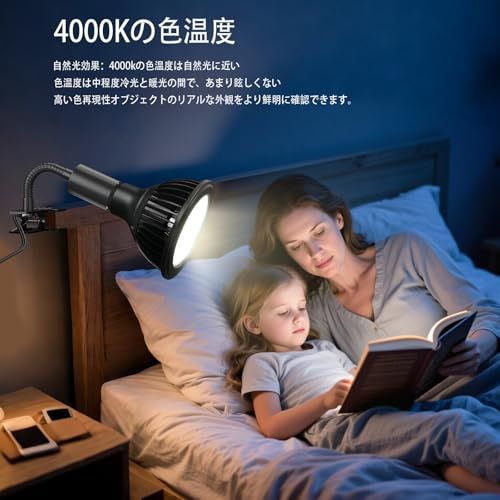 クリップオン植物成長ライト、24Wフルスペクトル育成電球、Ra98高演色評価数、ビーム角38°（リフレクターカップを取り外すとビーム角を120°まで拡張可能）昼光色4000K、ブラックas e840a855