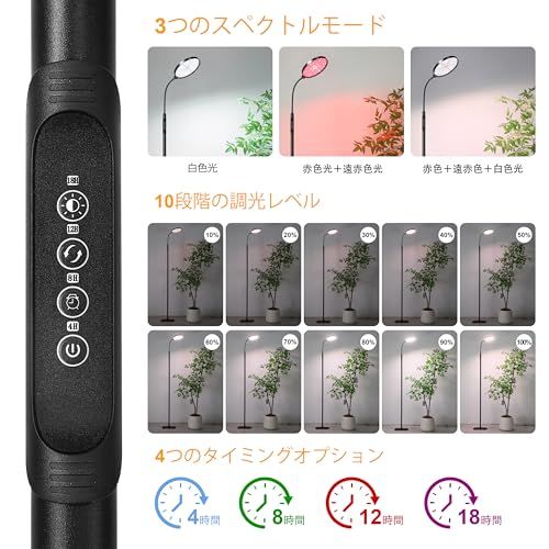 屋内植物用フロア型栽培ライト、フルスペクトル植物ライト、スタンド付き、大型で背の高い植物の栽培に最適、4/8/12/18時間タイマー付き栽培ランプ、3つのライトモード、10段階調光、高さ調節可能as 64eb86f6