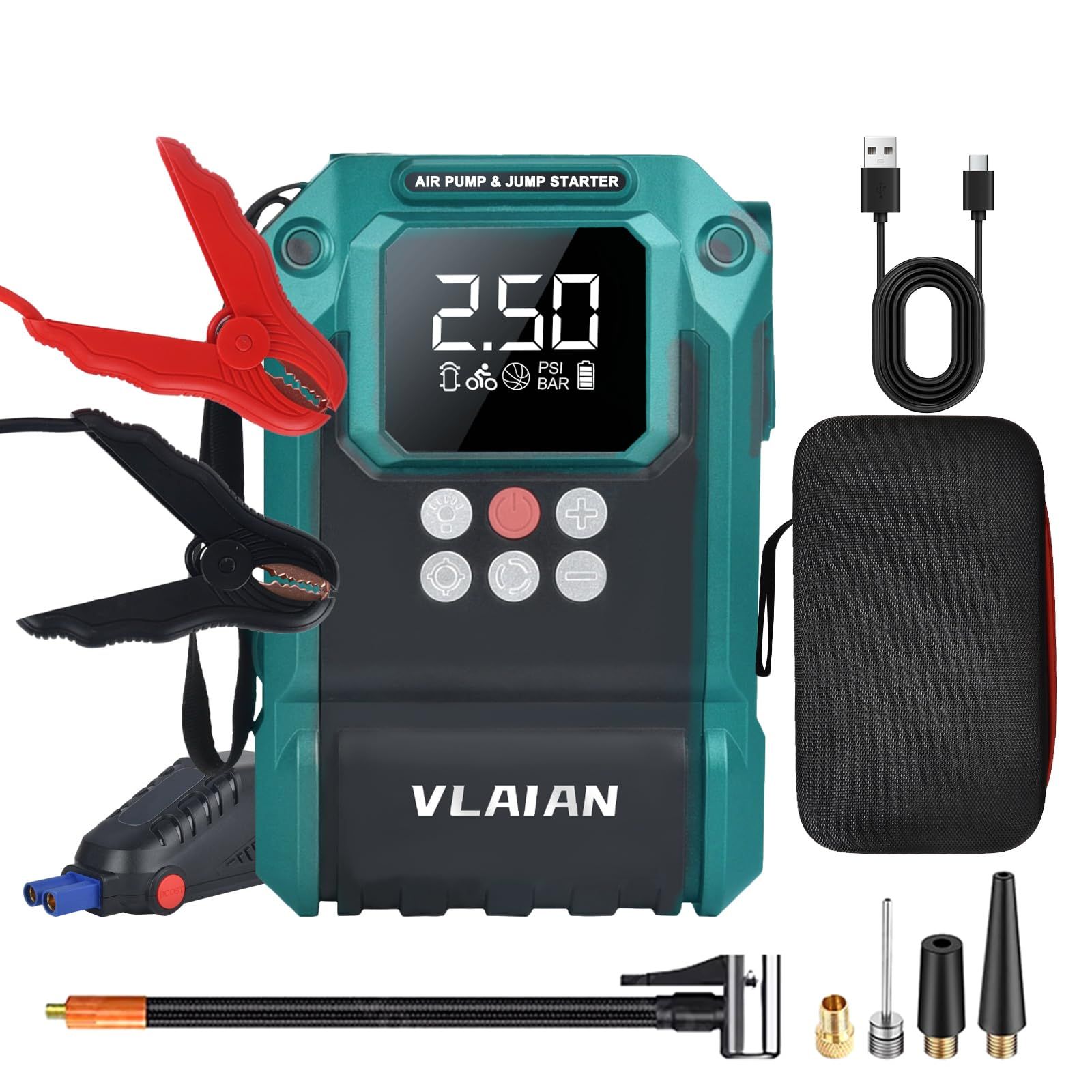 VLAIAN ジャンプスターター、エンジンスターター、DC/USB急速充電 150PSI 急速膨張 自動停止機能 自転車/バイク/車/ボールに適用 LED緊急 PSE認証koe 8ef20ad7