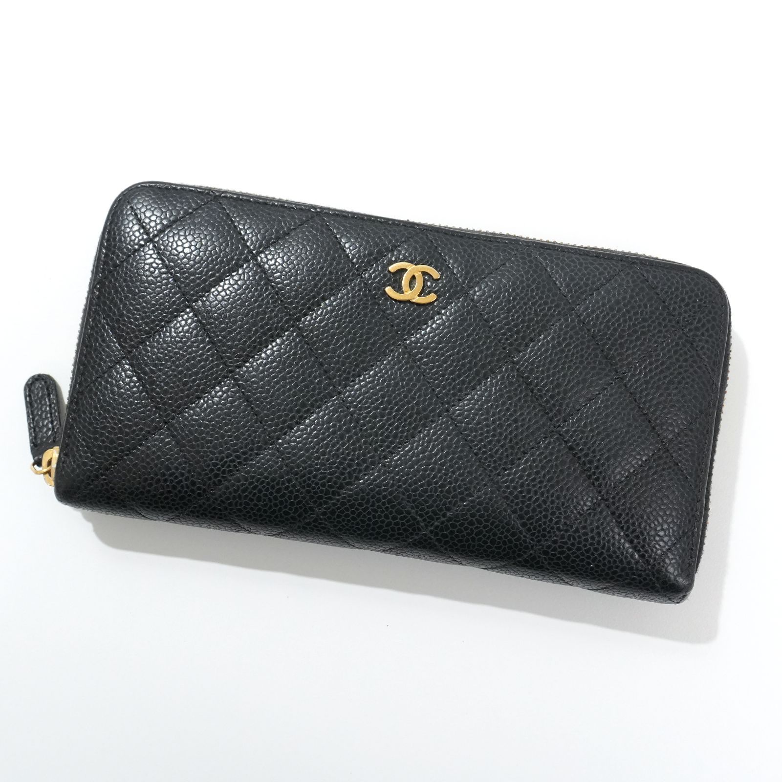CHANEL キャビアスキン 小銭入れ付き 長財布 ブラック ゴールド