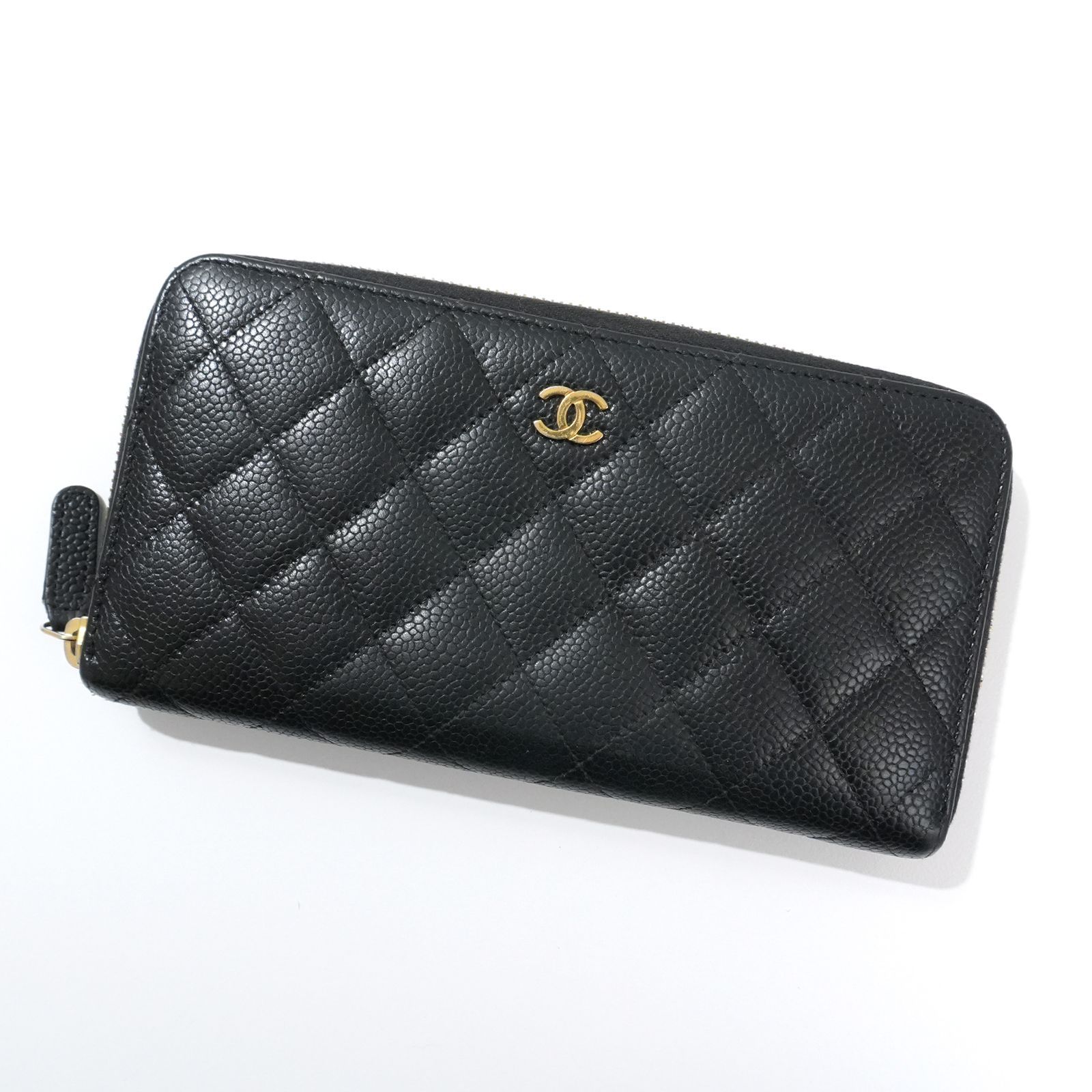 CHANEL キャビアスキン 小銭入れ付き 長財布 ブラック ゴールド