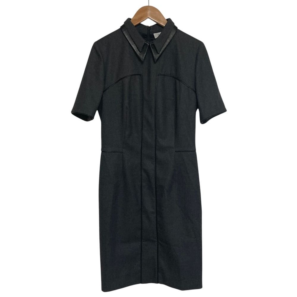 美品 Yves Saint Laurent イヴサンローラン レイヤードレザーカラー ハーフスリーブ ウール ワンピース 38 グレー レディース 古着 中古 USED