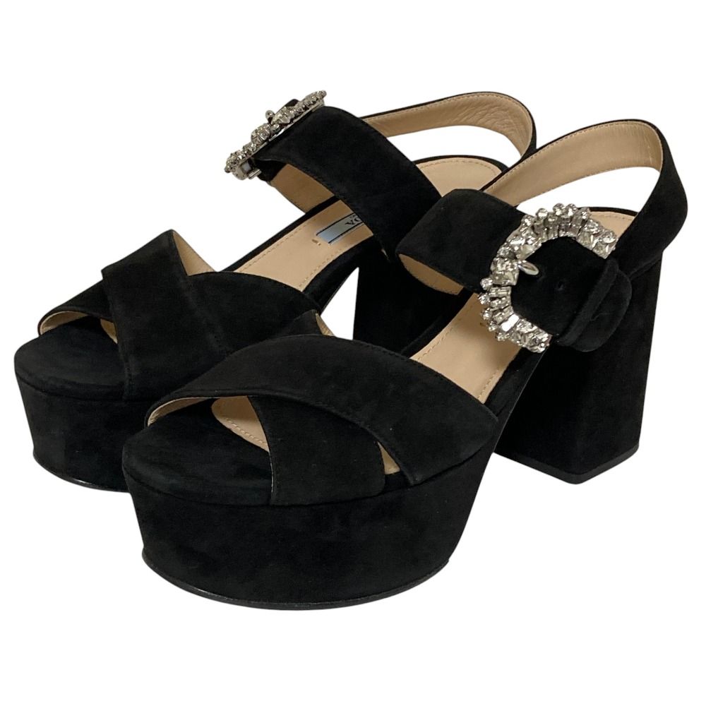 新品同様 PRADA プラダ クリスタルバックル スリングバック スエードサンダル サイズ37 24cm程度 ブラック レディース 古着 中古 USED