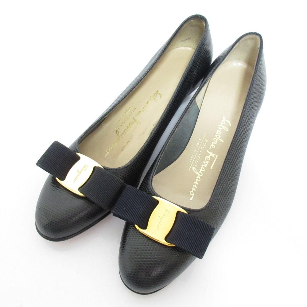 良品 Salvatore Ferragamo フェラガモ リザード型押し ヴァラ パンプス サイズ4C 約21.5cm ネイビー レディース 古着 中古 USED