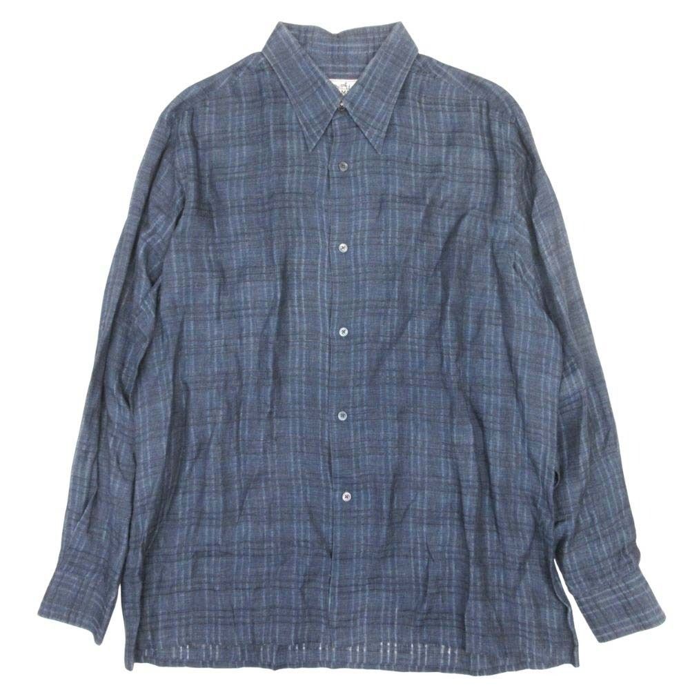 美品 HERMES エルメス 90s 00s チェック リネン100% シャツ セリエボタン カットソー トップス 長袖 ヴィンテージ 44 紺 ネイビー メンズ 古着 中古 USED