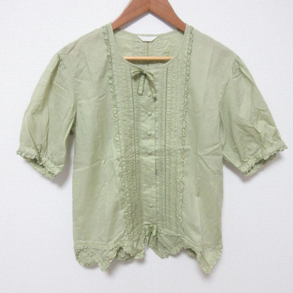 PINK HOUSE ピンクハウス ショートスリーブ フリル ブラウス シャツ ライトグリーン レディース 古着 中古 USED