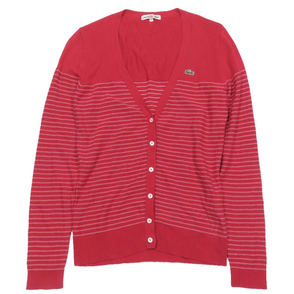新品同様 LACOSTE ラコステ カーディガン ニット セーター Vネック ワンポイント ロゴ ボーダー カットソー コットン 38 レッド レディース 古着 中古 USED