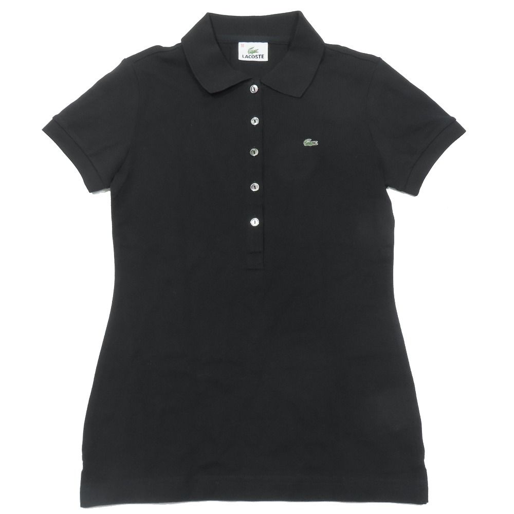 新品同様 LACOSTE ラコステ ポロシャツ ブラウス 半袖 ハーフボタン ワンポイント ロゴ 刺繍 カットソー 38 ブラック レディース 古着 中古 USED
