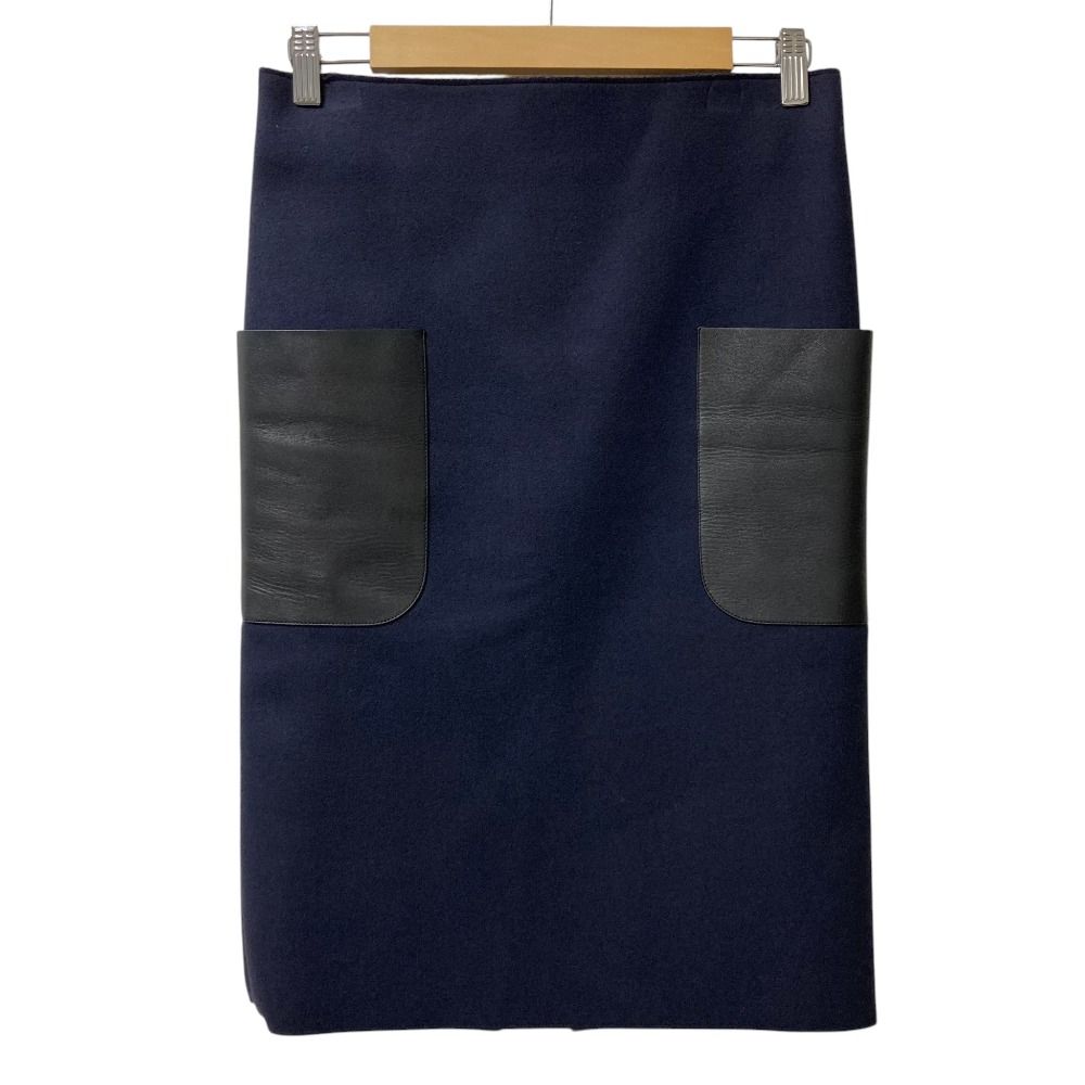 美品 CELINE セリーヌ フィービー期 ラムレザーポケット ウール スカート サイズ34 ネイビー レディース 古着 中古 USED