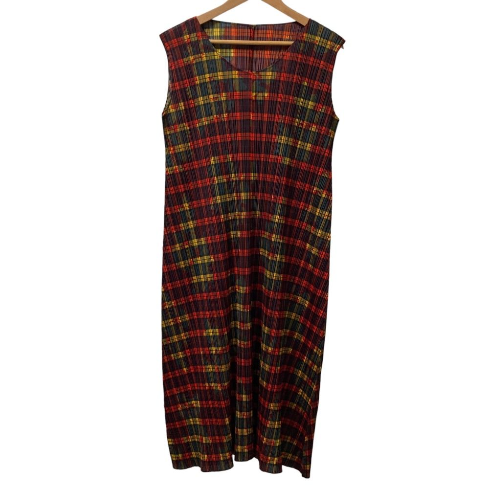 美品 PLEATS PLEASE プリーツプリーズ イッセイミヤケ チェックプリントノースリーブワンピース サイズ1 マルチカラー レディース 古着 中古 USED