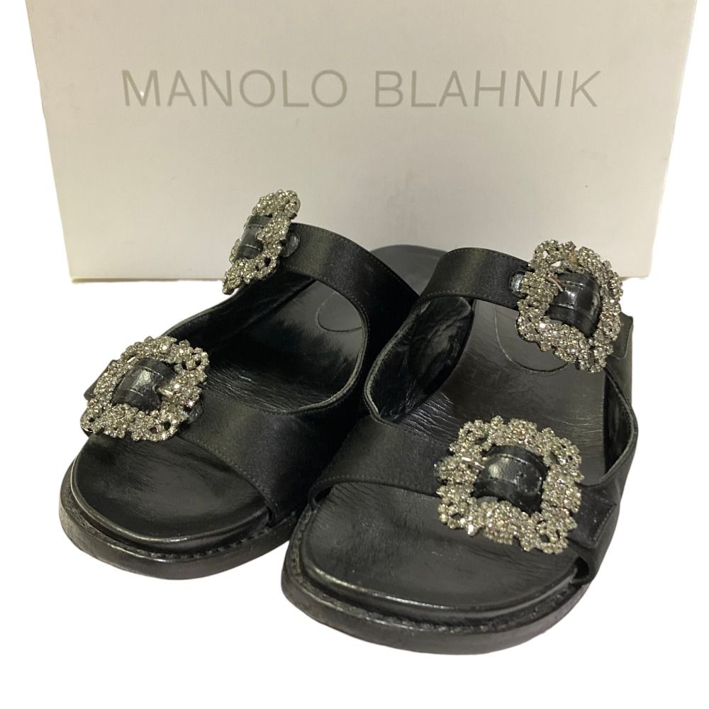 美品 MANOLO BLAHNIK マノロブラニク STURLUSHANGI ビジューバックル サテンサンダル SIZE37 24cm相当 ブラック レディース 古着 中古 USED