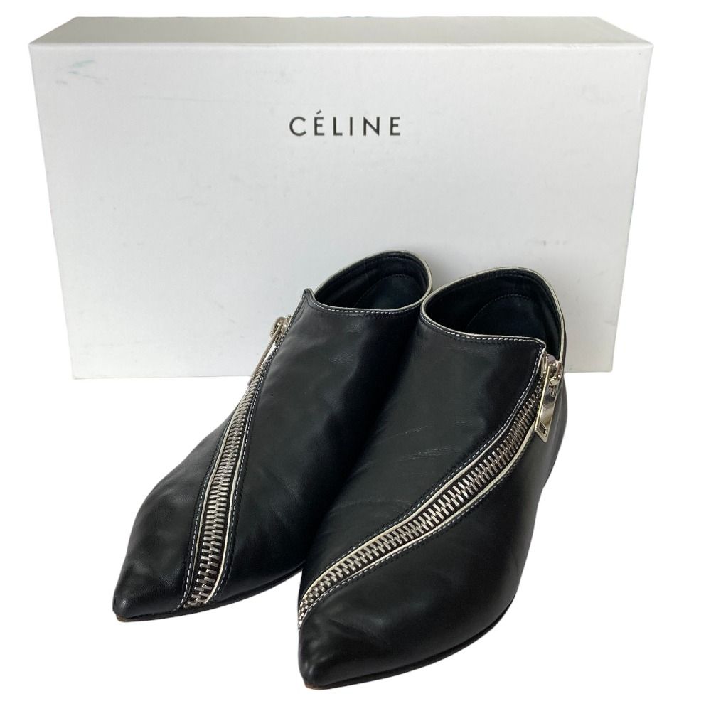 美品 CELINE セリーヌ フィービー期 レザー ポインテッドトゥ ジッパー フラットシューズ サイズ36 23cm相当 ブラック レディース 古着 中古 USED