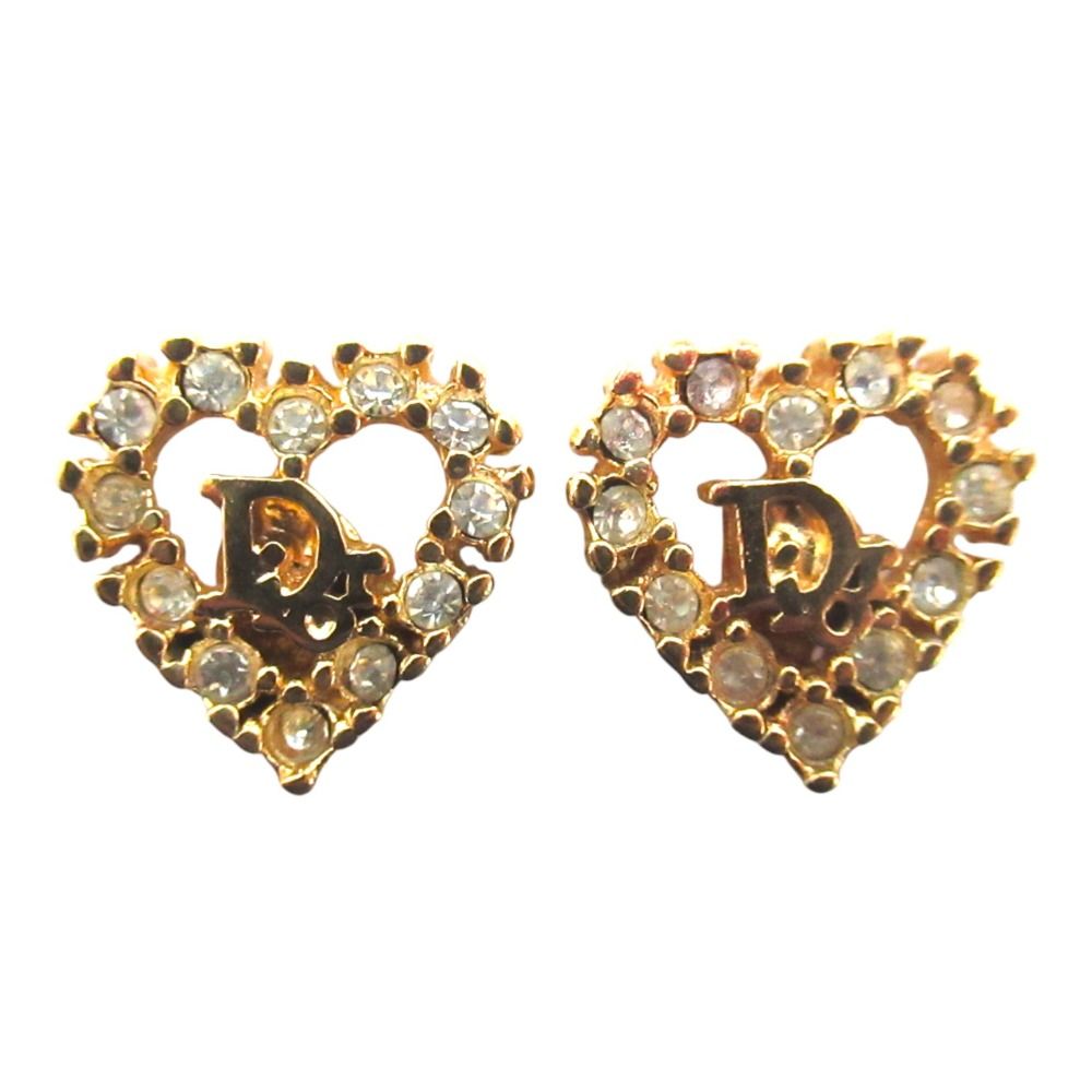 美品 Christian Dior クリスチャンディオール ヴィンテージ ロゴ ラインストーン ハート クリップイヤリング GP ゴールドカラー レディース 古着 中古 USED