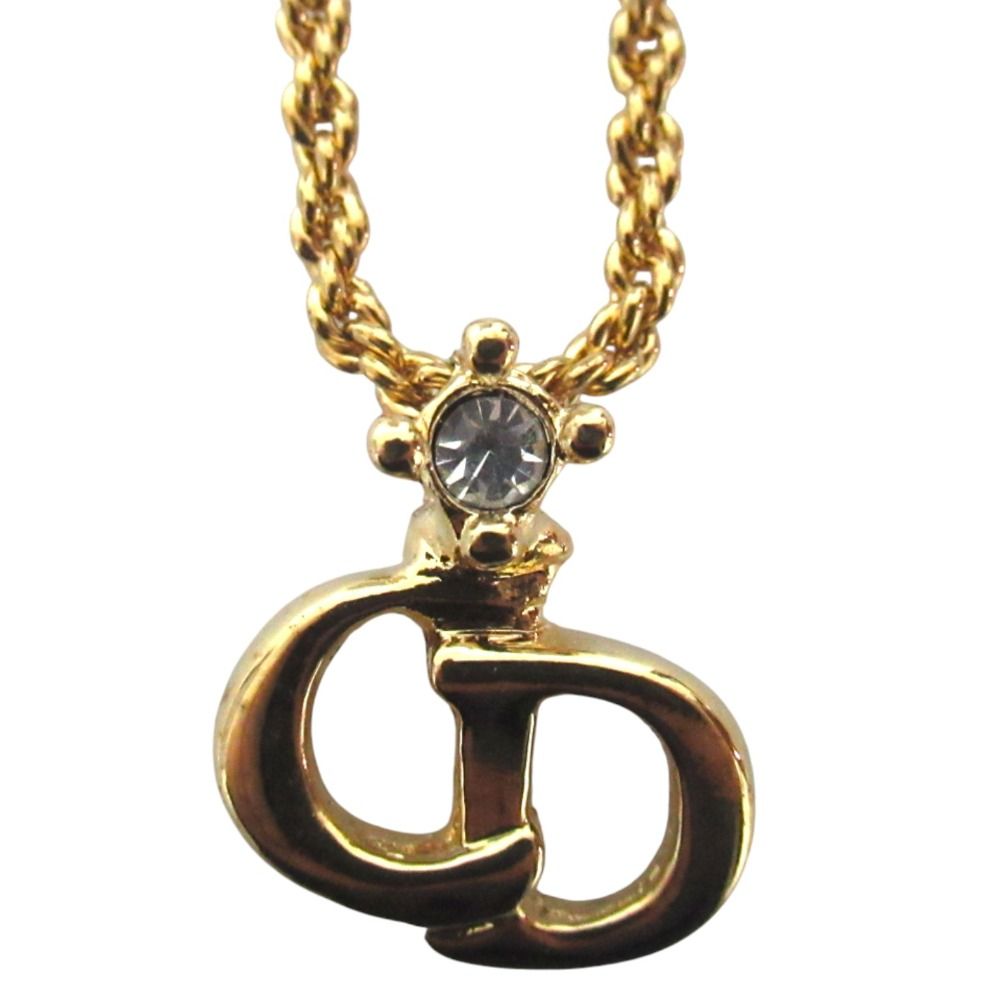美品 Christian Dior クリスチャンディオール ヴィンテージ CDロゴ ストーン ネックレス ペンダント GP ゴールドカラー レディース 古着 中古 USED