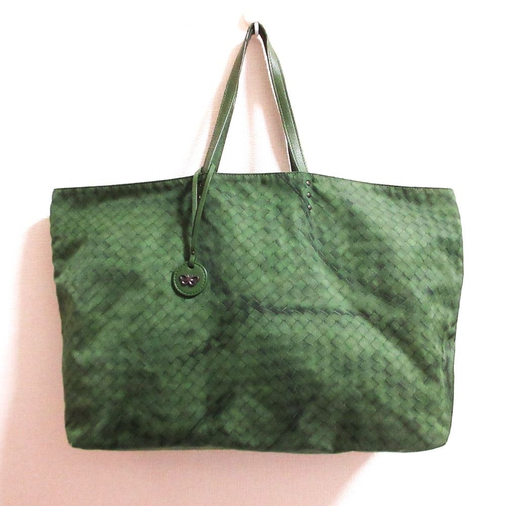 良品 Bottega Veneta ボッテガヴェネタ イントレチャート 転写プリント ナイロンリバーシブル トートバッグ グリーン レディース 古着 中古 USED