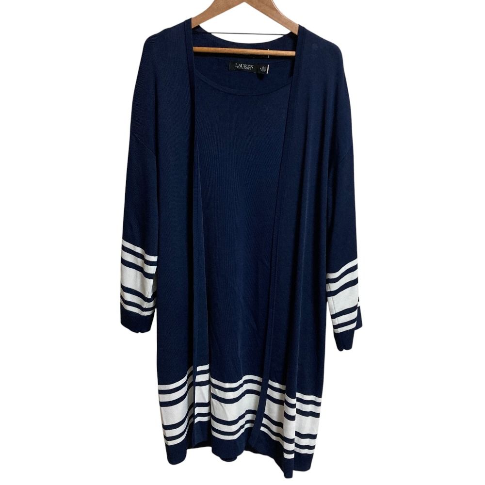良品 RALPH LAUREN ローレンラルフローレン ツートーン カーディガン キャップスリーブ セータードレス アンサンブル M ネイビー レディース 古着 中古 USED