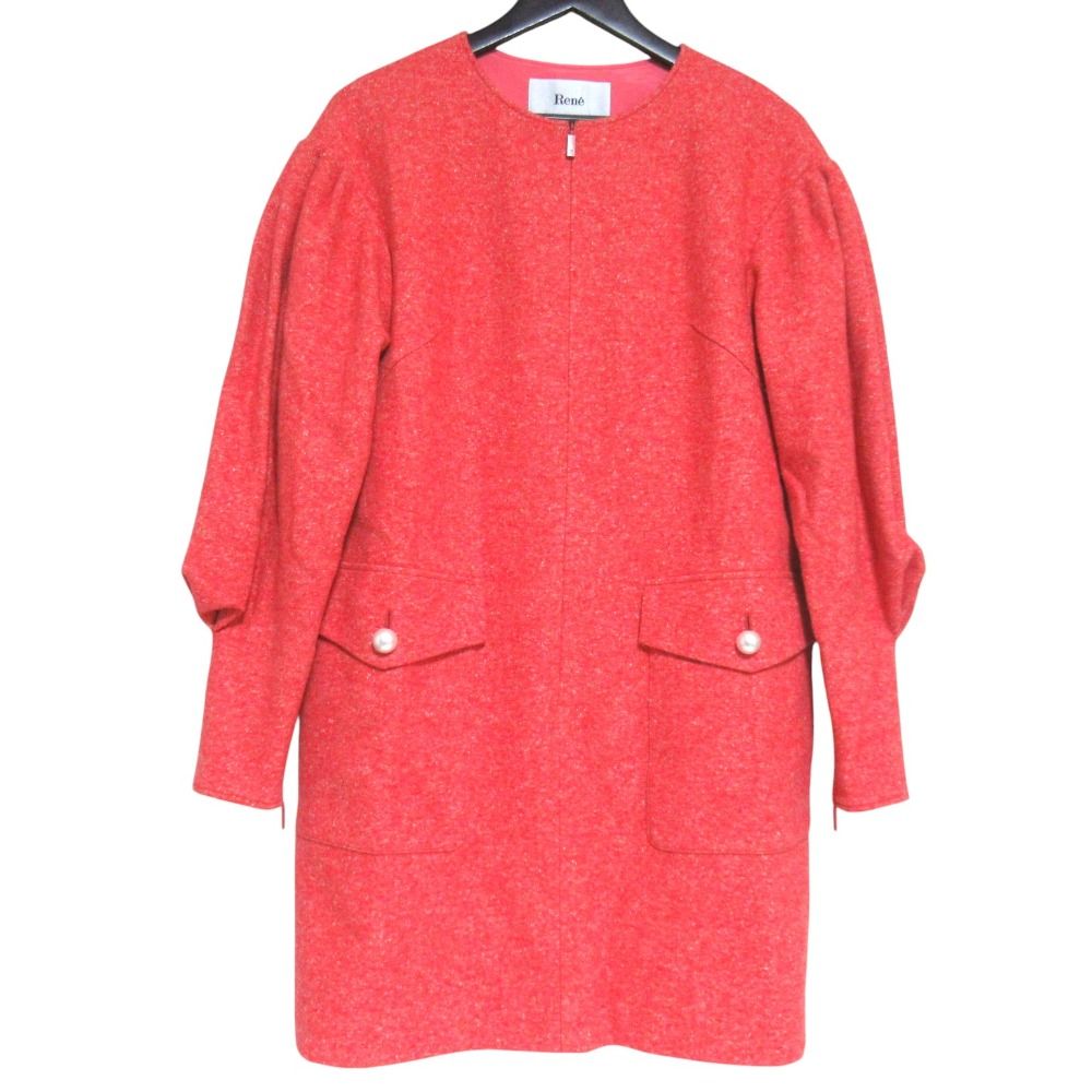 美品 Rene ルネ パフスリーブ ウール シルクブレンド ツイード フロントジップ ノーカラーワンピース 6146130 サイズ34 レッド系 レディース 古着 中古 USED