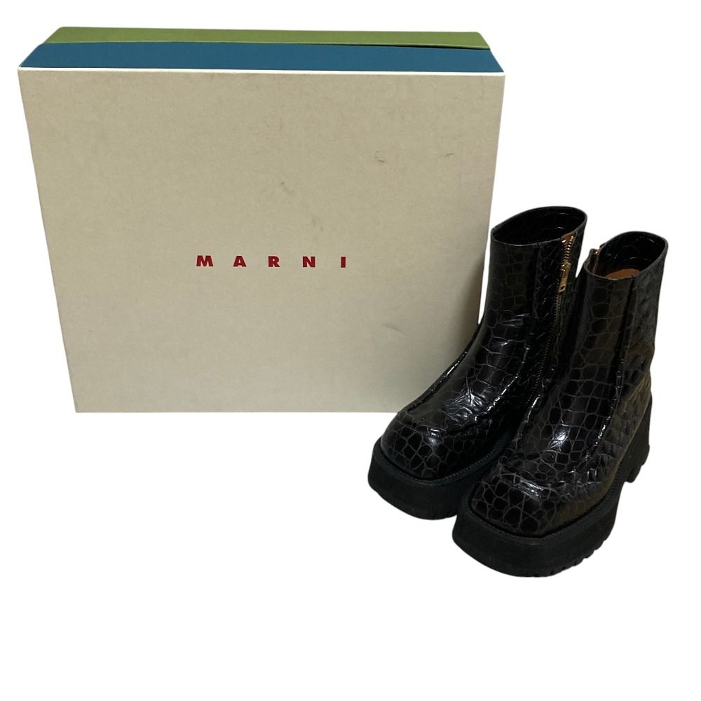 美品 MARNI マルニ クロコ型押し アンクルブーツ TCMS002806サイズ35 22cm ブラック レディース 古着 中古 USED