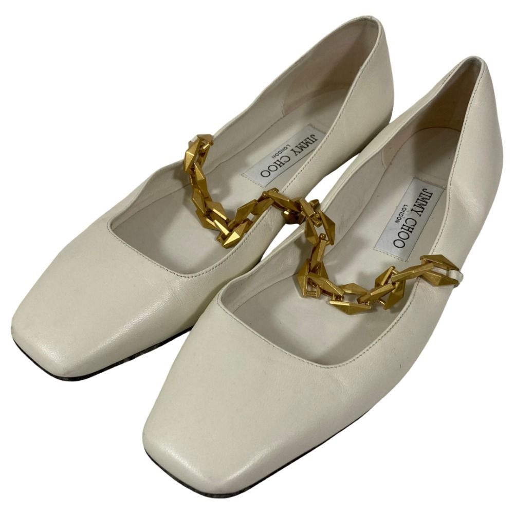 美品 23AW JIMMY CHOO ジミーチュウ Diamond Tilda スクエアトゥ メリージェーン フラットパンプス サイズ38.5 約25.5cm ホワイト系 レディース 古着 中古 USED