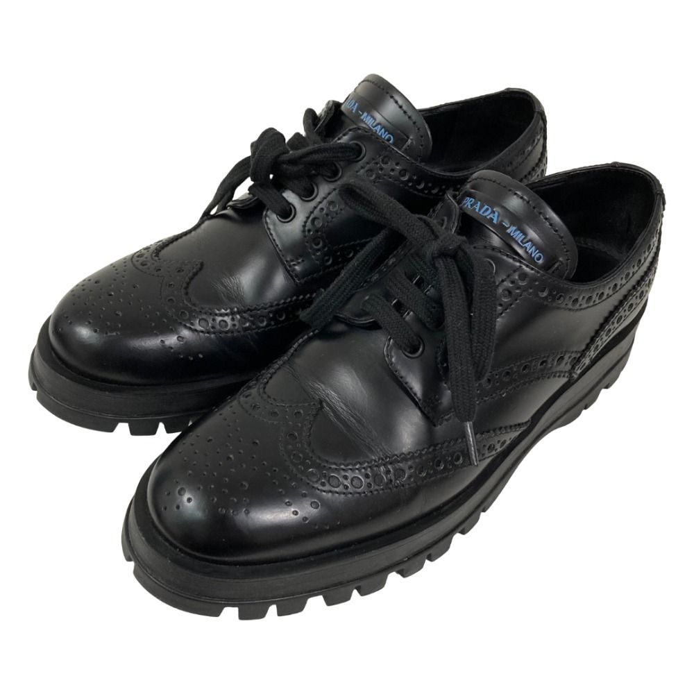 美品 PRADA プラダ カーフレザー ウイングチップ メダリオン シューズ ドレスシューズ 1E055L サイズ37 約24cm ブラック レディース 古着 中古 USED