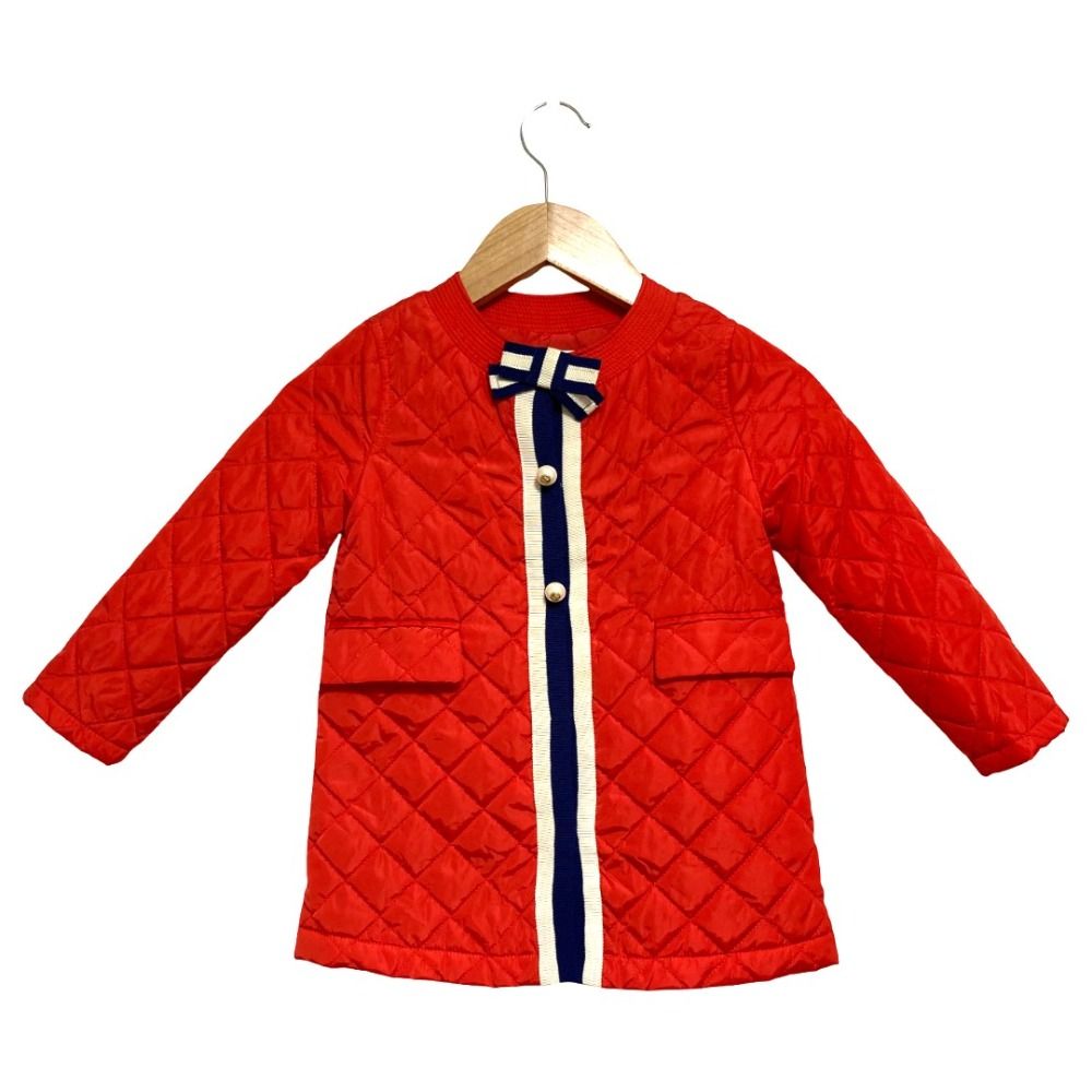 美品 GUCCI グッチ リボン装飾 ロゴパールボタン キルティングコート キッズ サイズ24M レッド キッズ 古着 中古 USED