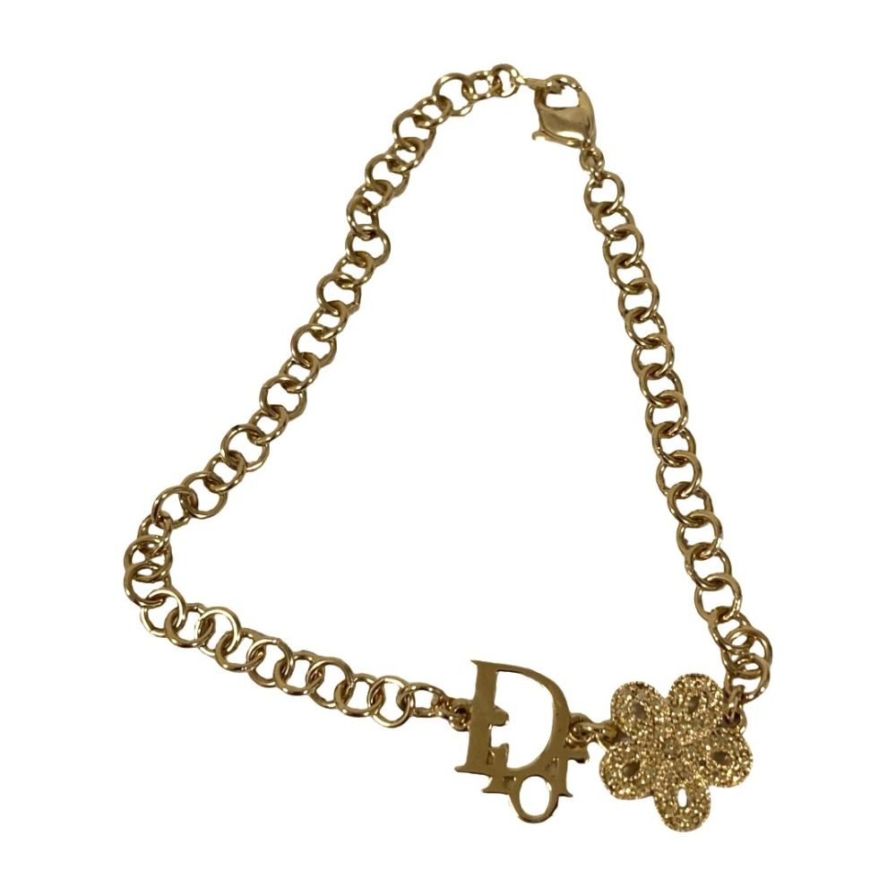 美品 Christian Dior クリスチャンディオール フラワー ロゴ チェーン ブレスレット ゴールドカラー レディース 古着 中古 USED