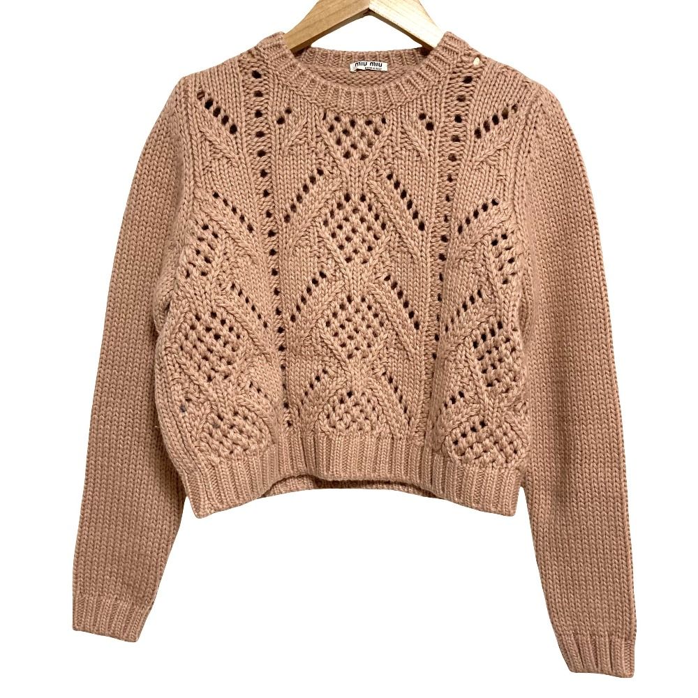 美品 MIUMIU ミュウミュウ アルパカブレンド クロップド クロシェット ニットセーター サイズ38 ピンク レディース 古着 中古 USED