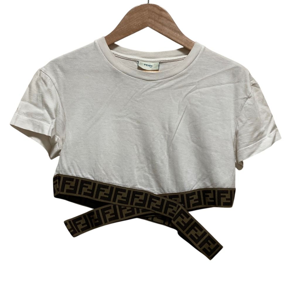 FENDI フェンディ キッズ ズッカ ロゴバンド カットアウト Tシャツ 半袖 クロップド カットソー サイズ12+ ホワイト キッズ 古着 中古 USED