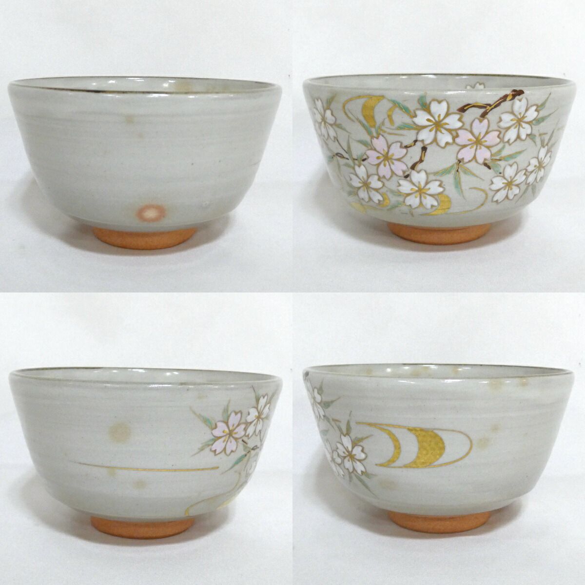 乾山写 季節のお茶碗】橋本永豊作 茶碗、色絵四季草花、橋本永豊作。 桜花流水文 美品 茶道具【中古 茶碗 工芸品