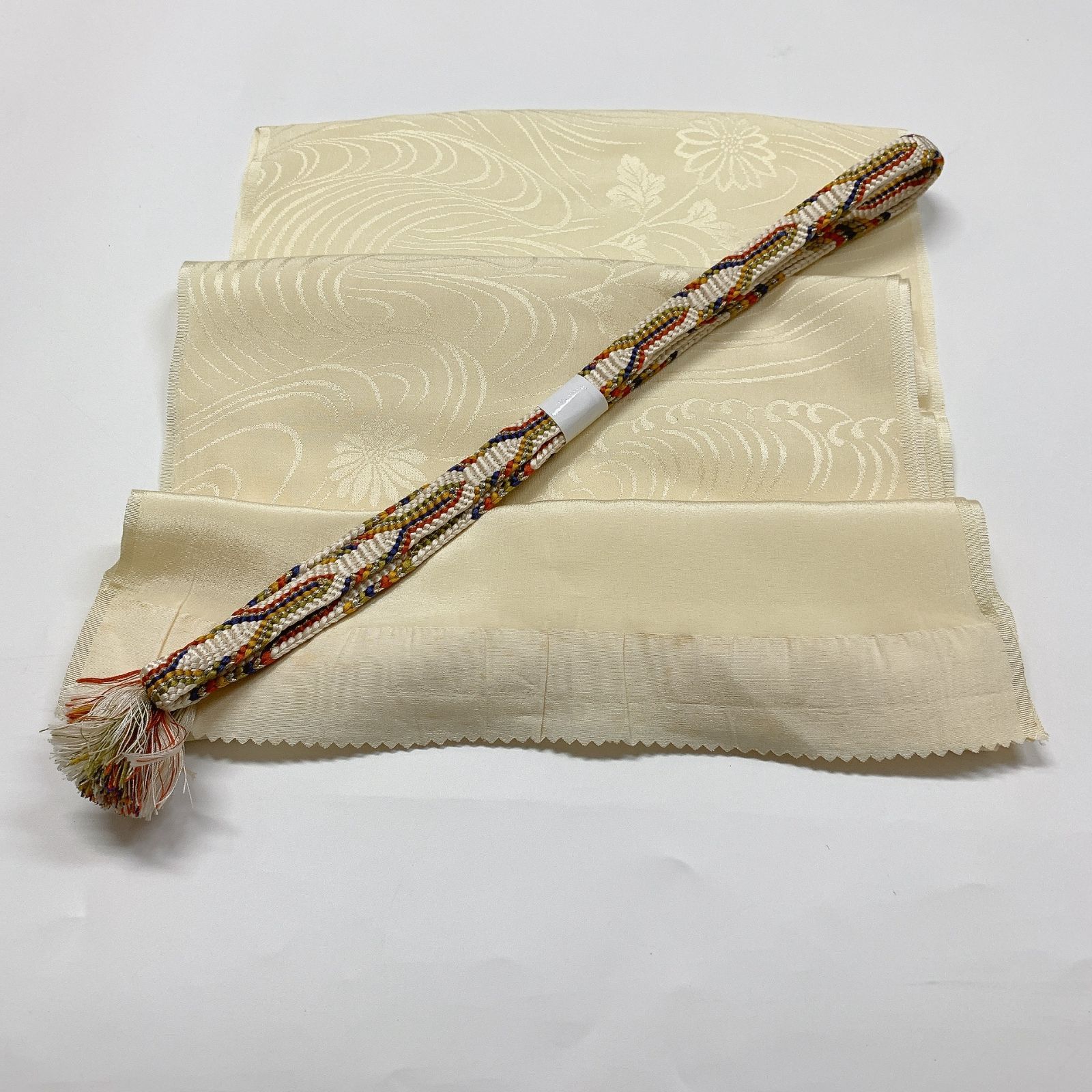 ［8003］帯締め 帯揚げ セット 草花波文様 銀糸 正絹 着物 帯絞め