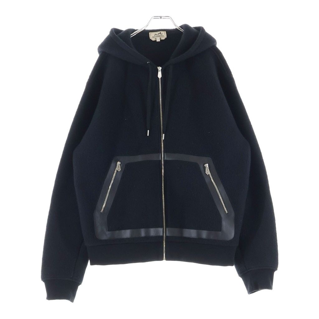 HERMES (エルメス) ジップアップフーディ レザートリム パーカー ブラック #L 32-5733
