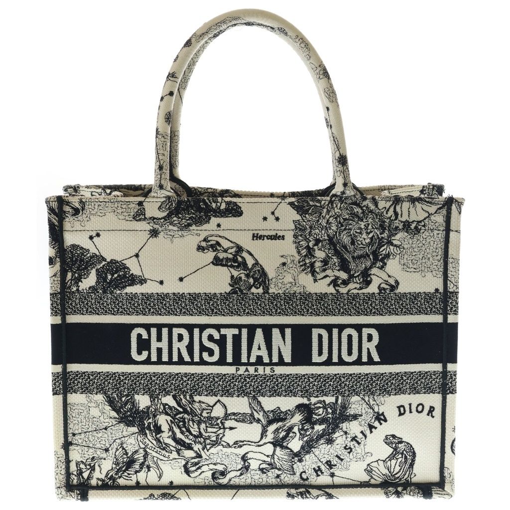 Christian Dior (クリスチャンディオール) ブックトート ミディアム ゾディアック エンブロイダリー トートバッグ ハンドバッグ アイボリー×ブラック キャンバス
