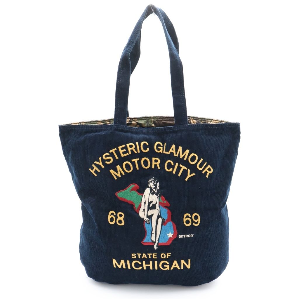 HYSTERIC GLAMOUR (ヒステリックグラマー) MICHIGAN ガール刺繍 コーディロイ リバーシブルカモ柄 トートバッグ ネイビー/カーキ