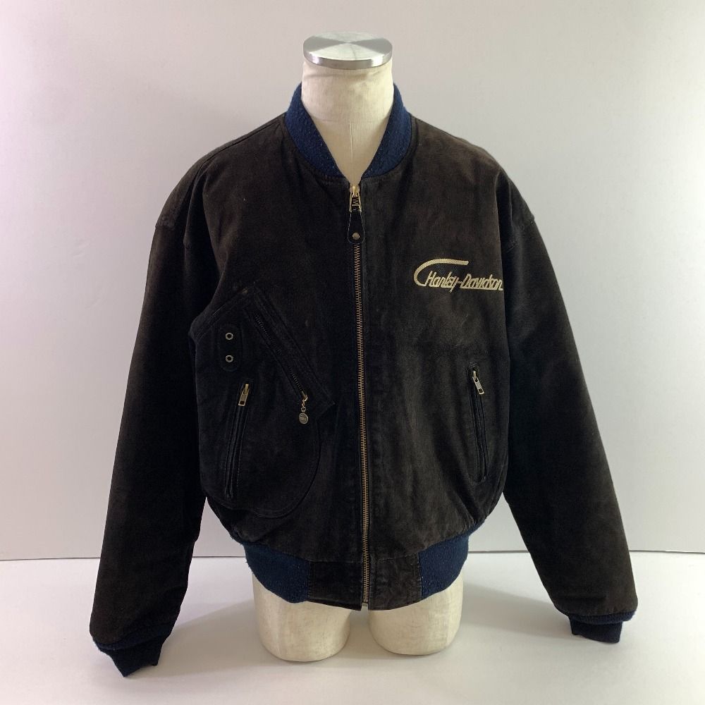 04w6792▽※【中古】ビンテージ Harley-Davidson ハーレーダビッドソン スエードレザージャケット ブルゾン 革ジャン Mサイズ バックロゴ 刺繍 フェードブラック【八王子店】