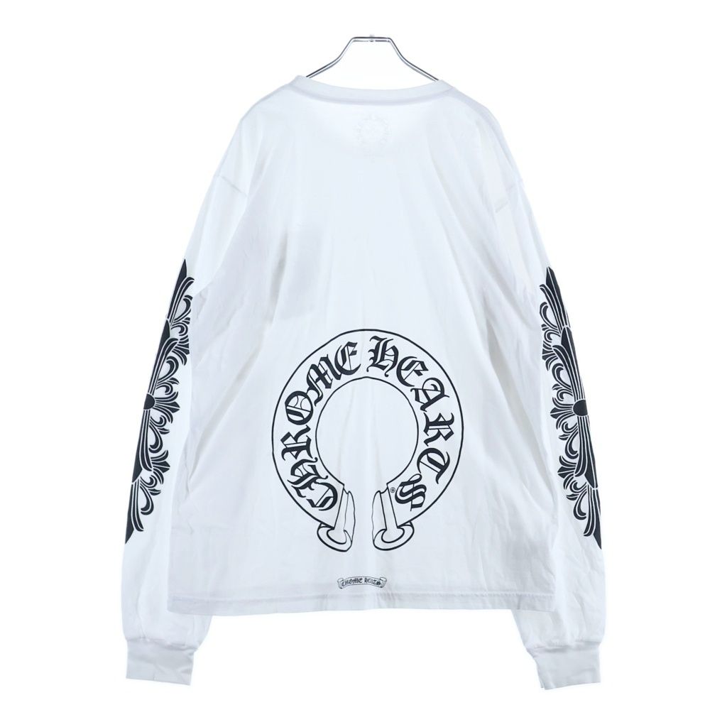 CHROME HEARTS (クロムハーツ) FLRL CRS HORSESHOE L/S バックホースシュー 袖フローラル ロングスリーブ 長袖Tシャツ カットソー ホワイト
