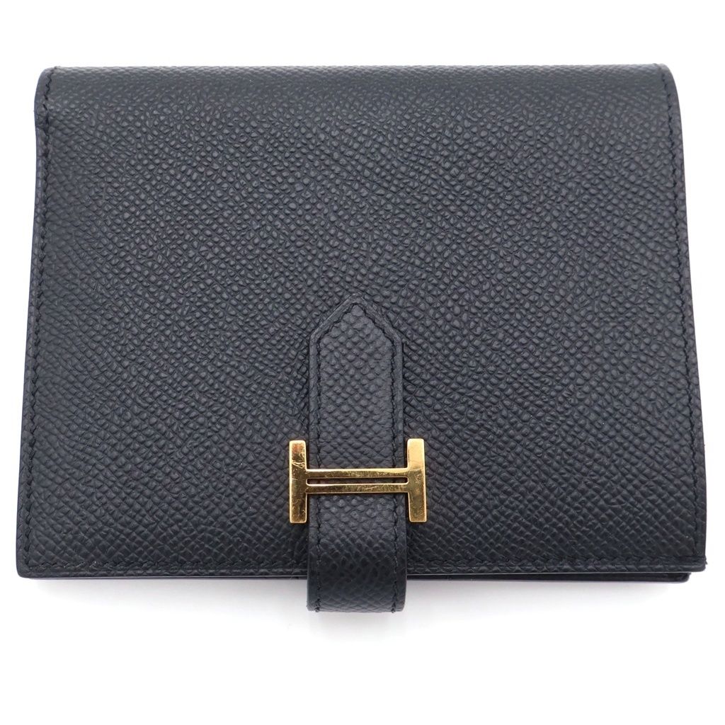 HERMES (エルメス) ベアンコンパクト K刻印 レザーウォレット 二つ折り財布 ゴールド金具 ブラック 207,900円